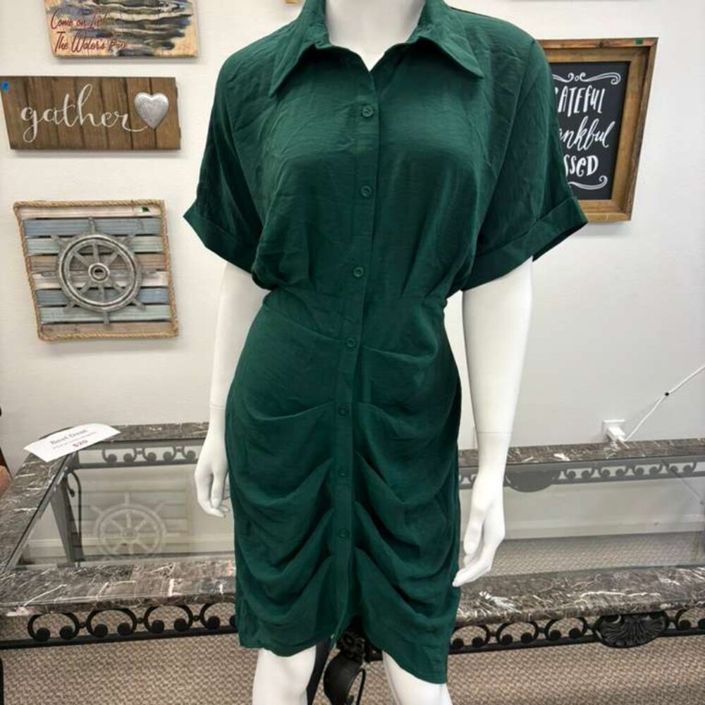 Green Button-Down Ruched Shirt Dress